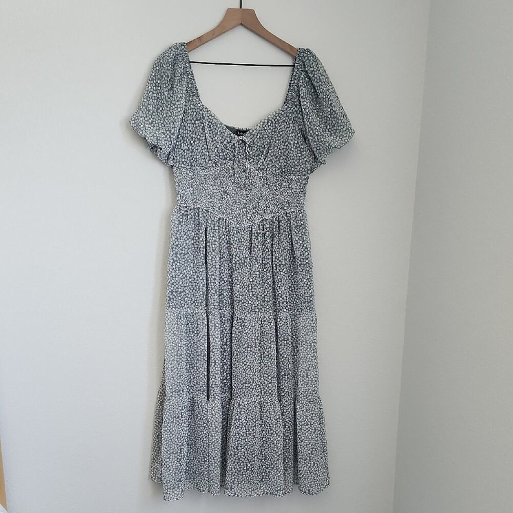 TRIXXI Floral Puff Sleeve Midi Dress Smocked Flowy Lined Size XL Sage Green